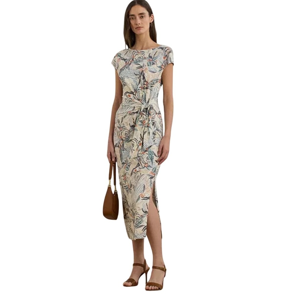 Lauren Ralph Lauren Midi Dress Womens XL Tie-Front Boatneck Cream Multi NWOT